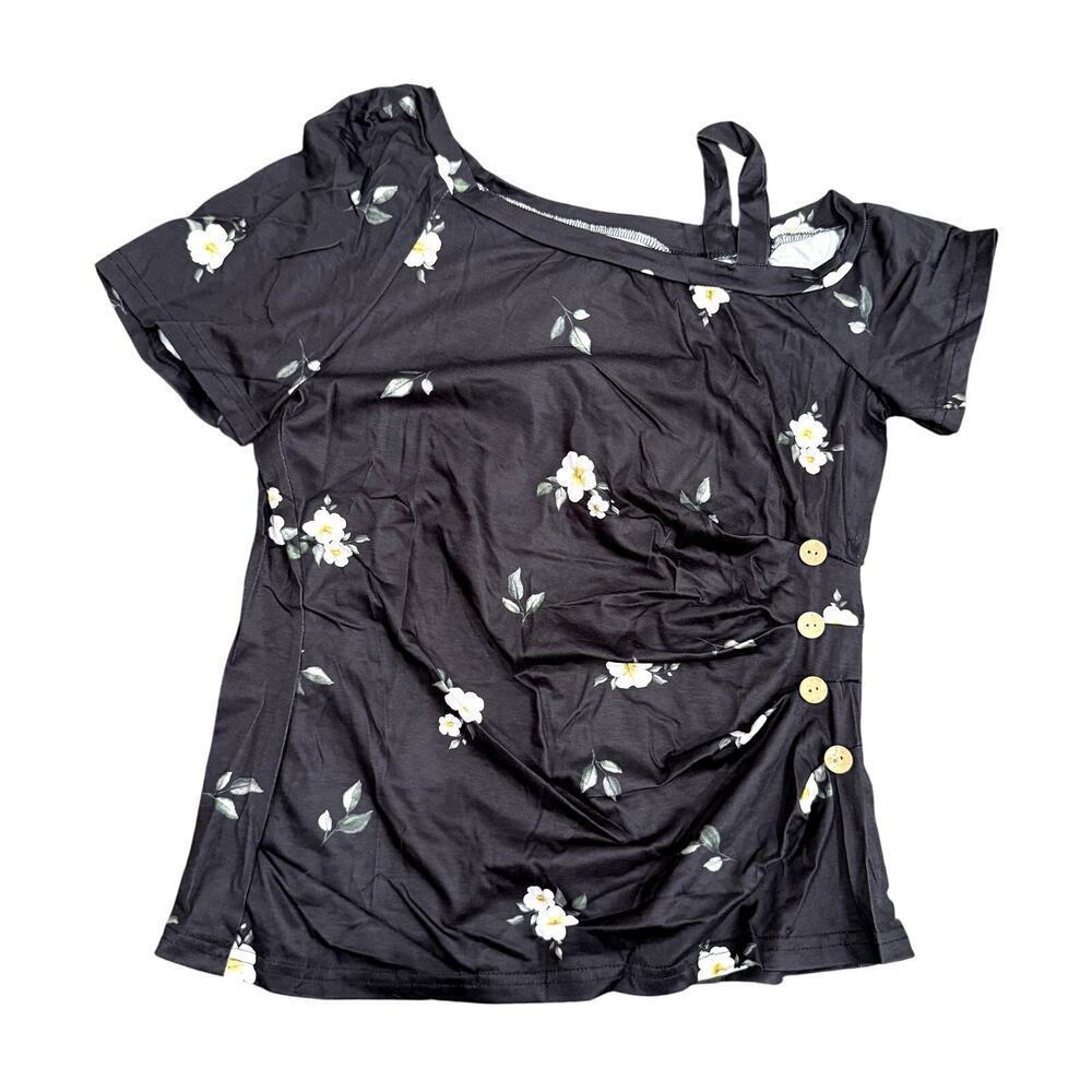 Women's Floral Ruched Asymmetrical Fitted Top in Black, Size L​​
